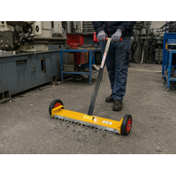 Balai magnétique manuel NB900 en action dans un atelier industriel pour ramasser clous, vis et déchets ferreux