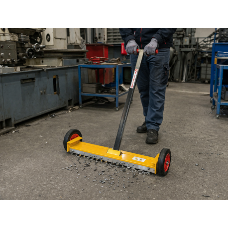 Balai magnétique manuel NB900 en action dans un atelier industriel pour ramasser clous, vis et déchets ferreux
