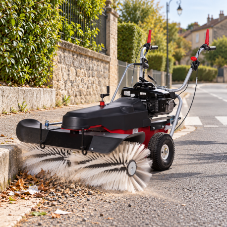 Balayeuse thermique Honda GXV 160 de 120 cm balayant des feuilles et poussières sur un parking extérieur